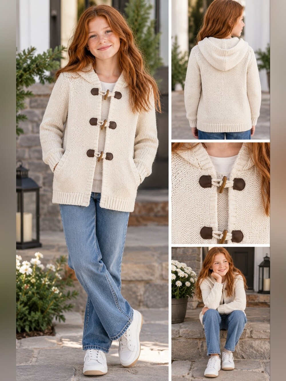 Lands End toggle front hooded Cream Knit sweater szM